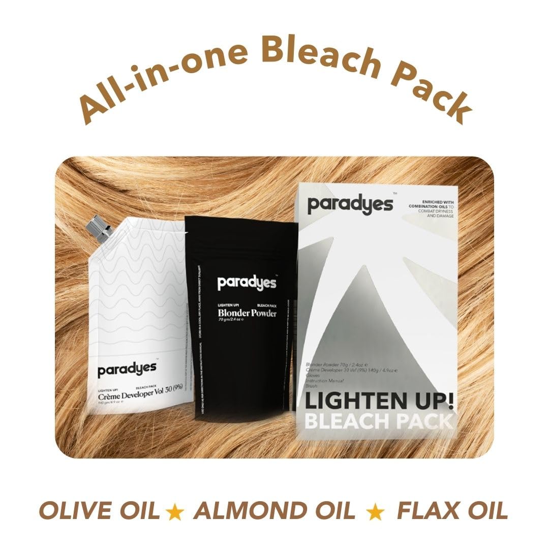 Paradyes Lighten Up! Bleach Pack 30 Vol. enriched with Flax Oil, Almond Oil and Olive Oil to lighten dark hair, suitable for All Hair Types