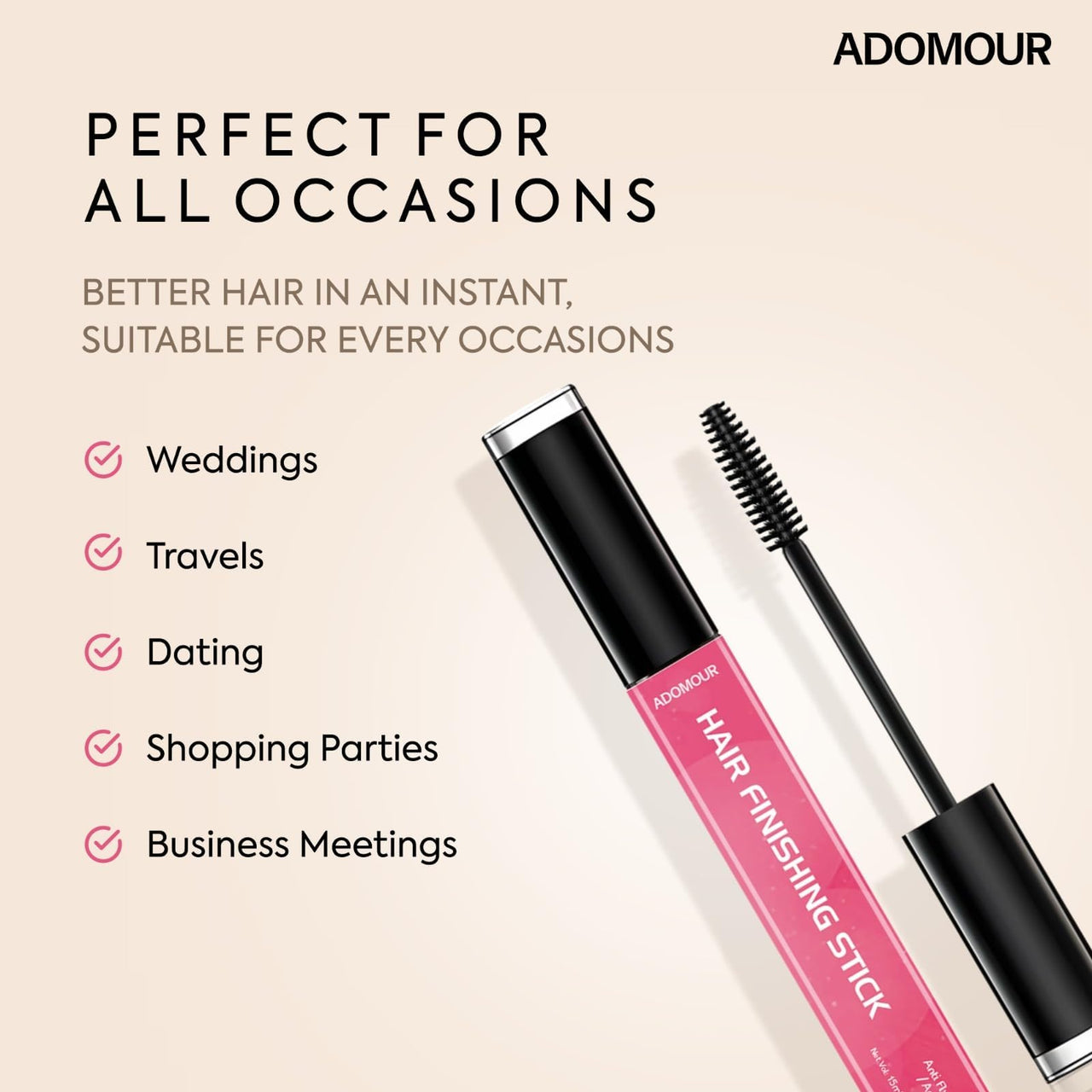 Adomour Hair Finishing Stick 15ml | Anti Frizz Hair Wax Stick Wand for Frizzy, Baby & Flyaway Hairs | Non-Sticky, Non-Greasy | Anti Flyaways Hair Styling Fix Gel for Women | All Hair Types