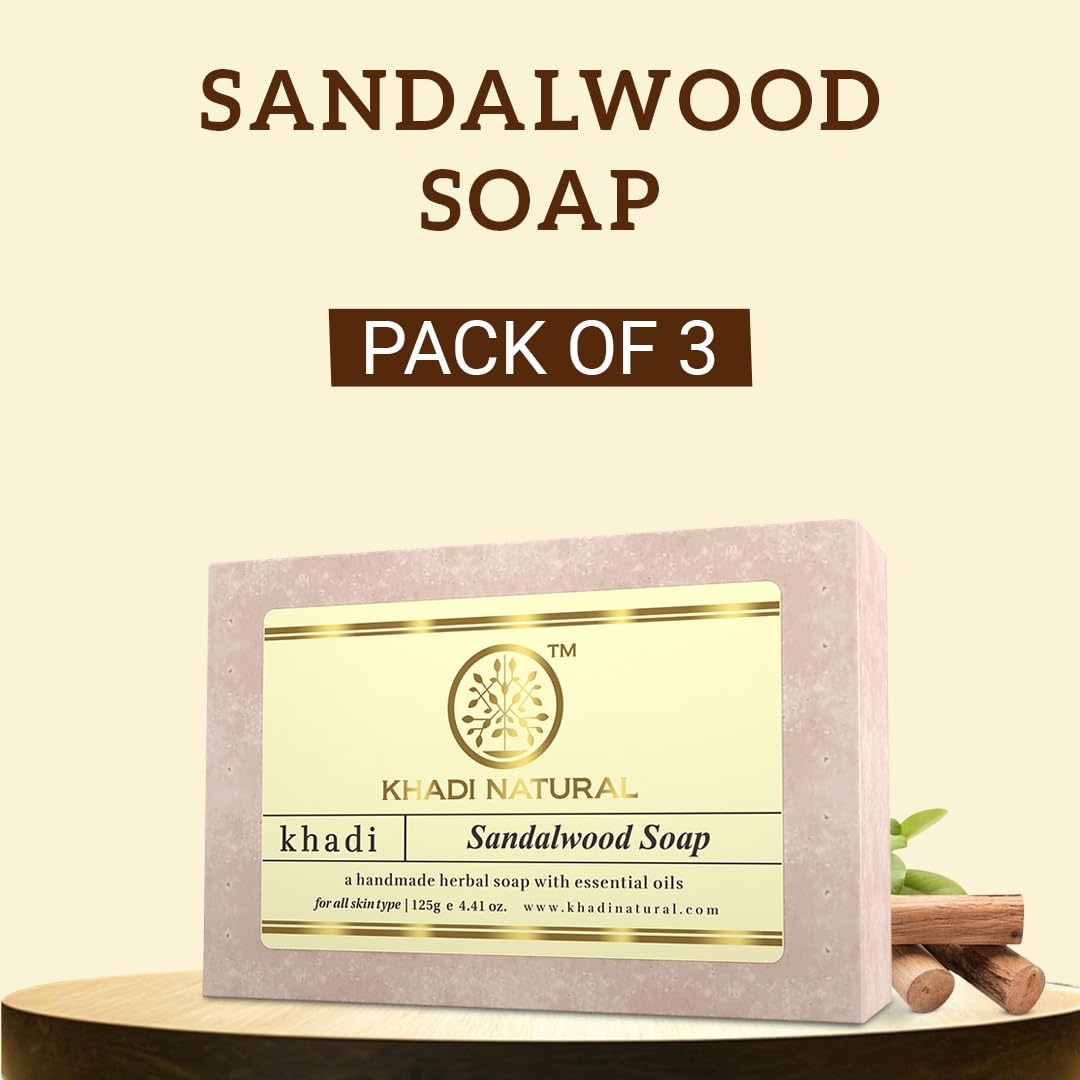 Khadi Natural Sandalwood Soap | Herbal Bathing Soap for Calming Skin| Natural Soap with Essential Oils | Soap for Healthy Skin | Suitable for All Skin Types, Pack of 3 | (125gm *3) (375gm)