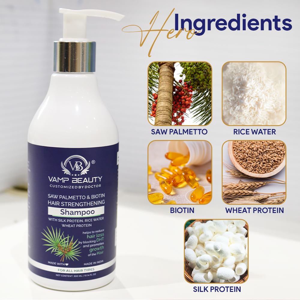 Vamp Beauty Strengthening Shampoo with Saw Palmetto & Biotin | Controls Hair Fall, Repairs Damage | Enriched with Silk Protein, Rice Water & Wheat Protein | For All Hair Types | 300ml