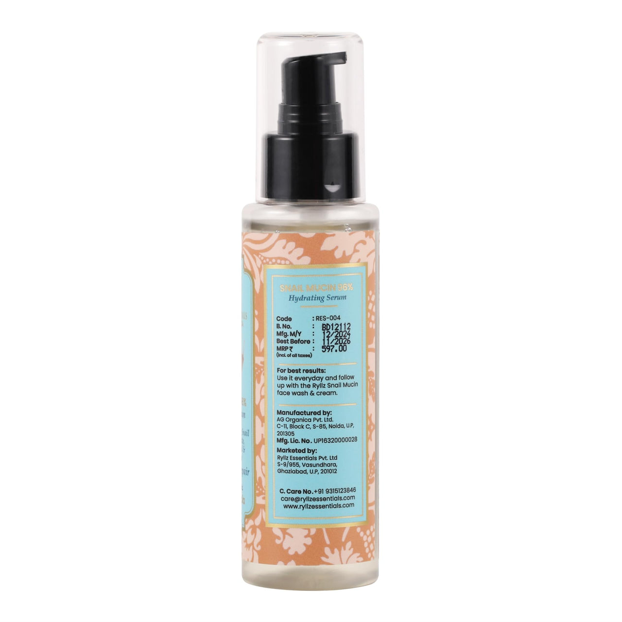 RYLLZ ESSENTIALS Snail Mucin 96% Power Repairing Essence | Face Serum | with 96% Snail Secretion Filtrate, 5% Niacinamide, Hyaluronic Acid & Betaine | for Intense Hydration, Barrier Repair, Glowing Skin, Blemishes, Anti Aging, Skin Firming, Wrinkles & Spo