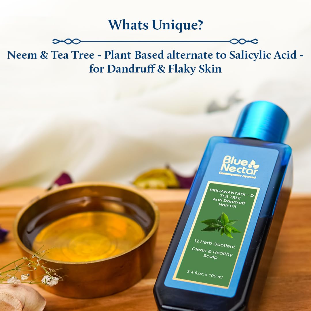 Blue Nectar Anti Dandruff Hair Oil with Neem & Tea Tree Hair Oil | Ayurvedic Non-Sticky Hair Oil for Dry Scalp and Dandruff | Plant Based Hair Oil for Men & Women (12 Herbs, 200ml)