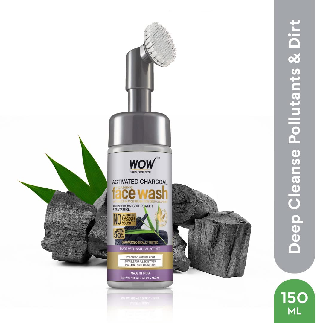 WOW Skin Science Charcoal Foaming Face Wash | Built in Brush for Deep Cleansing | All Skin Types | Fresh, Clear Skin | Paraben & Sulphates Free | For Women & Men | 150 ml