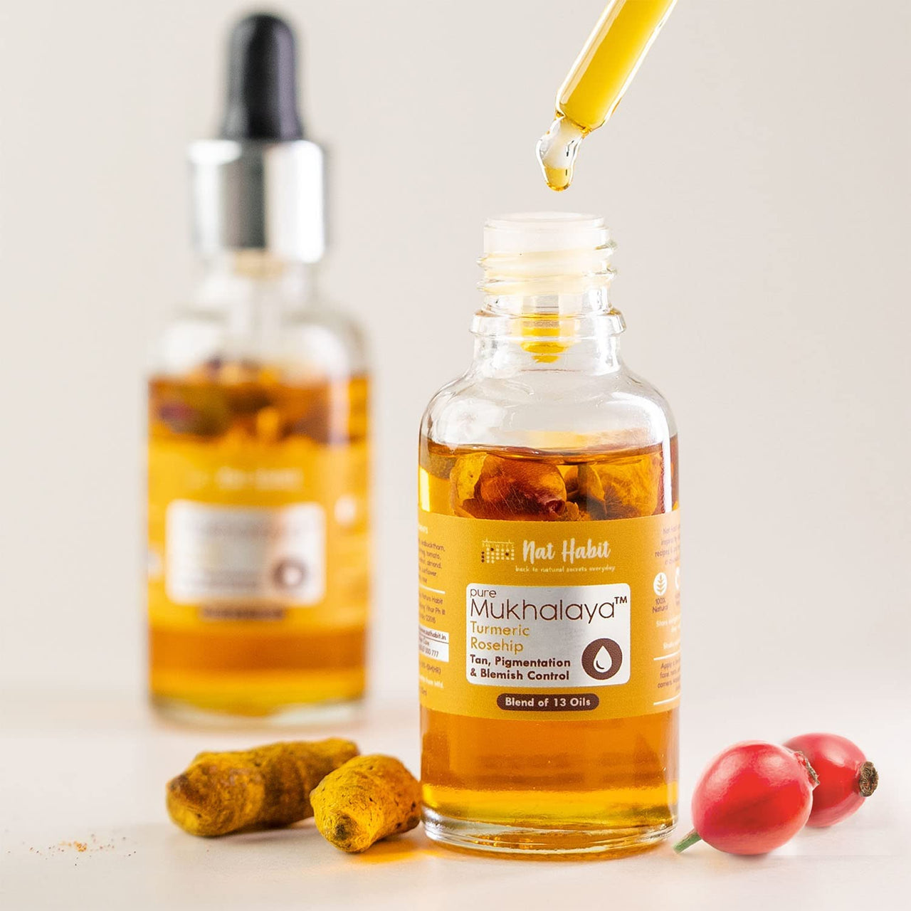 Nat Habit Turmeric Rosehip Mukhalaya Face Oil For Tan, Pigmentation & Blemish Control, with Blend of 13 Cold Pressed Oils, For Natural Face Care, No Mineral Oil or Chemical (30ml)