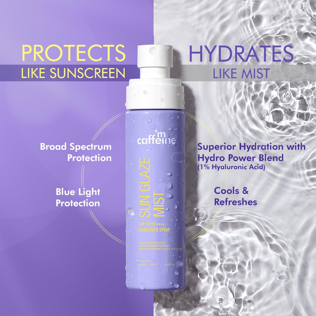 mCaffeine Sun Glaze Mist SPF 50 PA++++ Face Sunscreen Spray | 1% Hyaluronic Acid for Hydration| No White Cast | Easy Application Over Makeup & Quick Absorbing Sunscreen Spray | For All Skin Types