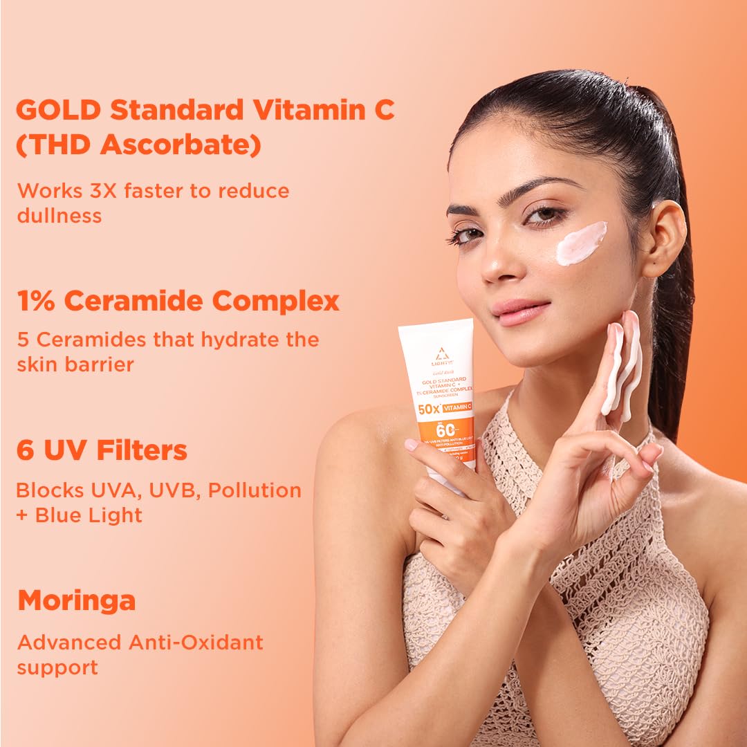 Light Up Gold Rush Gold Standard Vitamin C + 1% Ceramide Complex Sunscreen, Spf 60 Pa ++++, Uva/Uvb Filters Anti Blue Light Anti Pollution - 50G|For All, Normal, Oily, Dry, Sensitive Skin Types