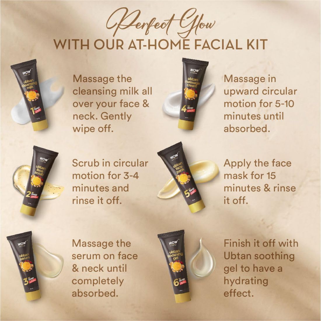 WOW Skin Science Ubtan Radiance Facial Kit for Glowing Skin|Helps Remove Tan and Gives Radiant Skin | 6 Easy Steps | Suitable for All Skin Types | Free Rose Water | Pack of 7
