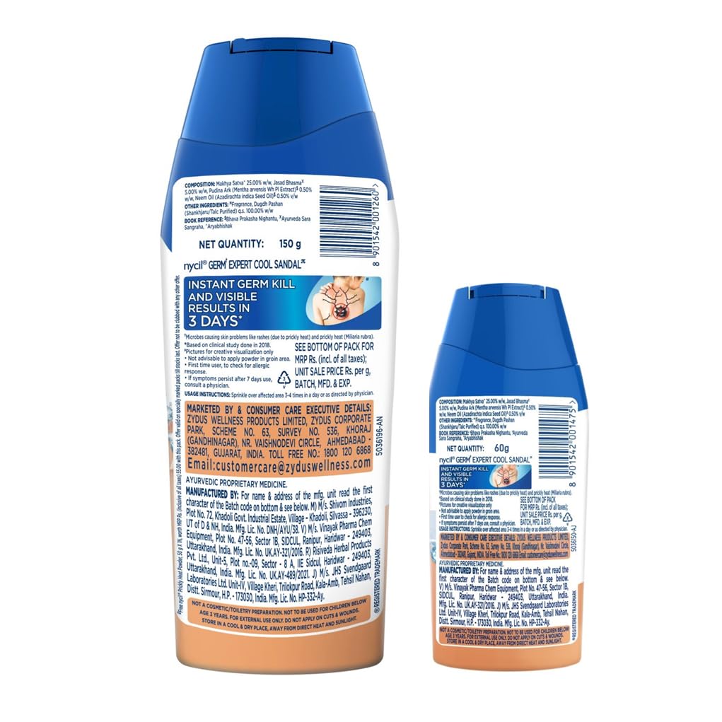 Nycil Cool Sandal Prickly Heat Talcum Powder, 150g (Cool Herbal 60g Free)