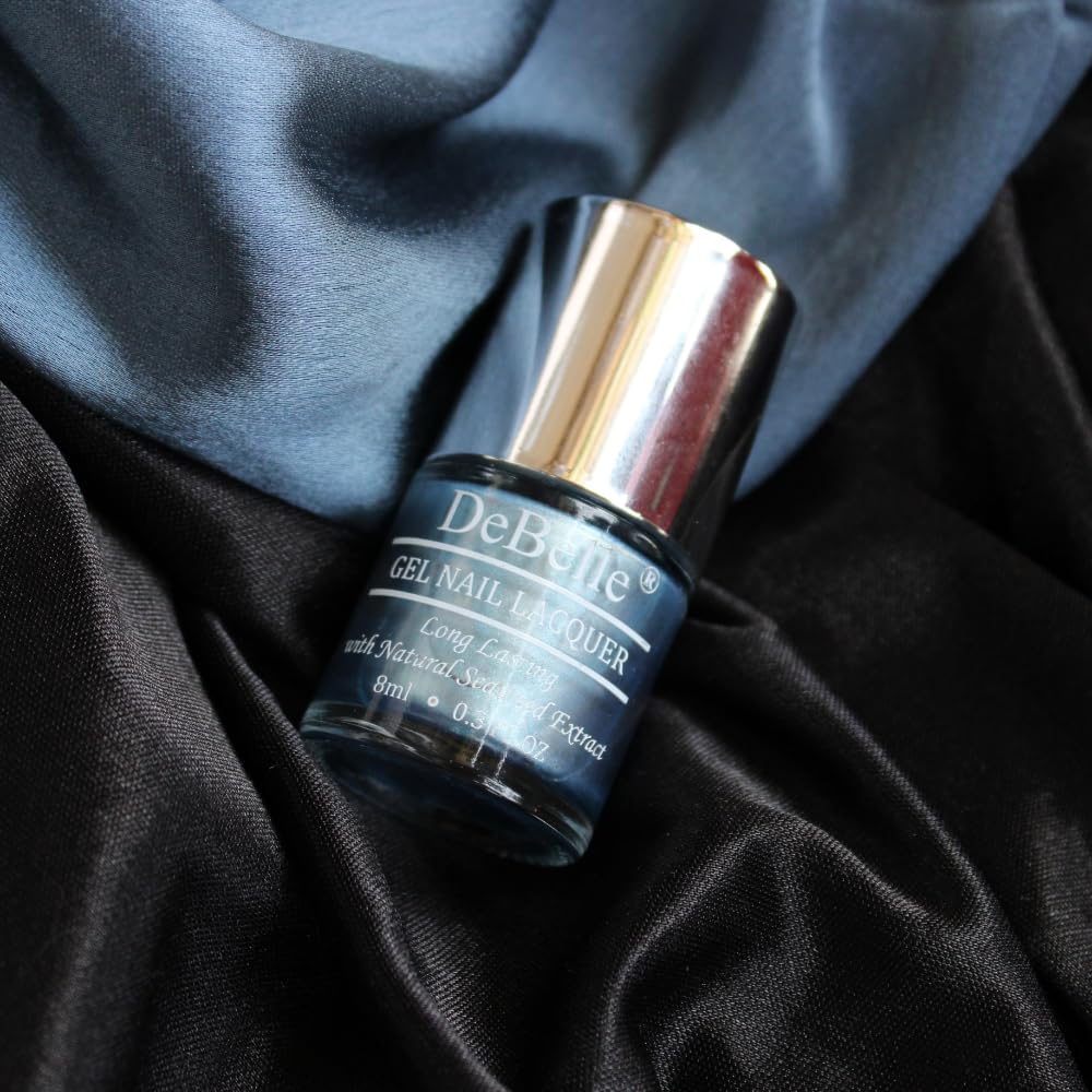 DeBelle Gel Nail Polish Aqua Frenzy (Metallic Sky Blue Nail Paint)|Non UV - Gel Finish |Chip Resistant | Seaweed Enriched Formula| Long Lasting|Cruelty and Toxic Free| 8ml