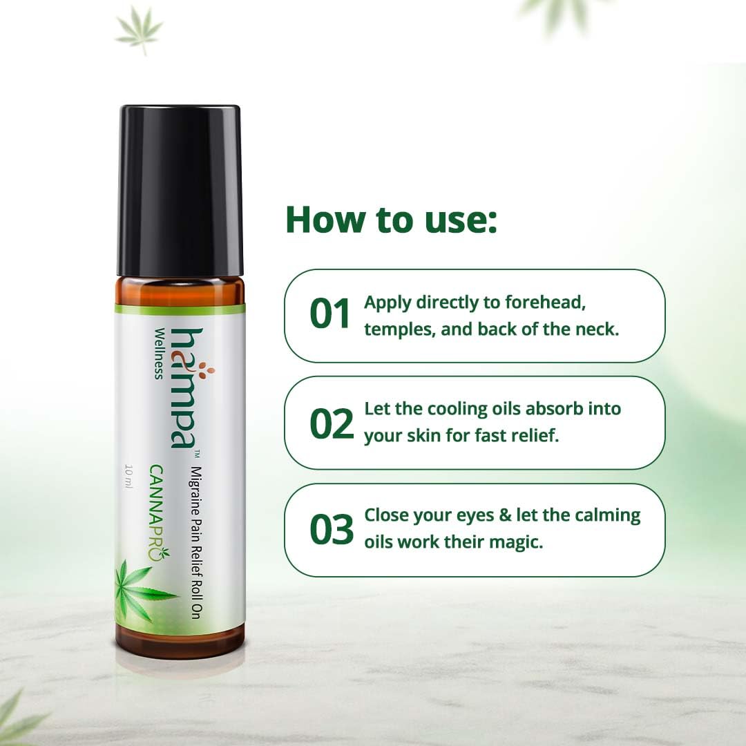 Hampa Hemp Migraine Pain Relief Roll-On | Ayurvedic Oil for Tension, Headache & Migraine with Vijaya, Peppermint & Eucalyptus Oils | Fast-Acting, Natural, Cooling, Non-Sticky | 10ml Travel-Friendly
