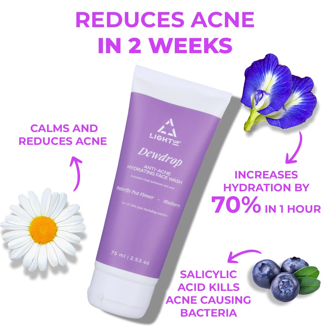 Light Up Dewdrop Anti-Acne Hydrating Face wash | Face wash for oily, Acne Prone & Combination Skin | Enriched with Niacinamide & Butterfly Pea Flower | Gentle Cleanse Skin from dirt & Oil - 75ml