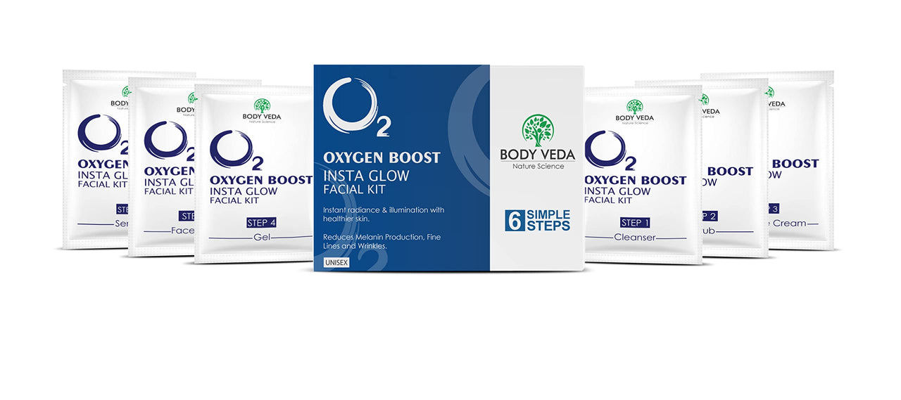 Body Veda Oxygen Boost Insta Glow Facial Kit - 6 Step System for Instant Radiance and Healthier Skin, Reduces Melanin Production, Fine Lines, and Wrinkles, For Women & Men