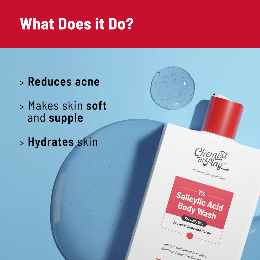 Chemist at Play 1% Salicylic Acid Body Wash 236ml + Loofah | Paraben & SLS Free | Gentle Exfoliating Shower Gel | Prevents Body Acne, Bumpy Skin & Deep Cleanses Skin | For Men & Women