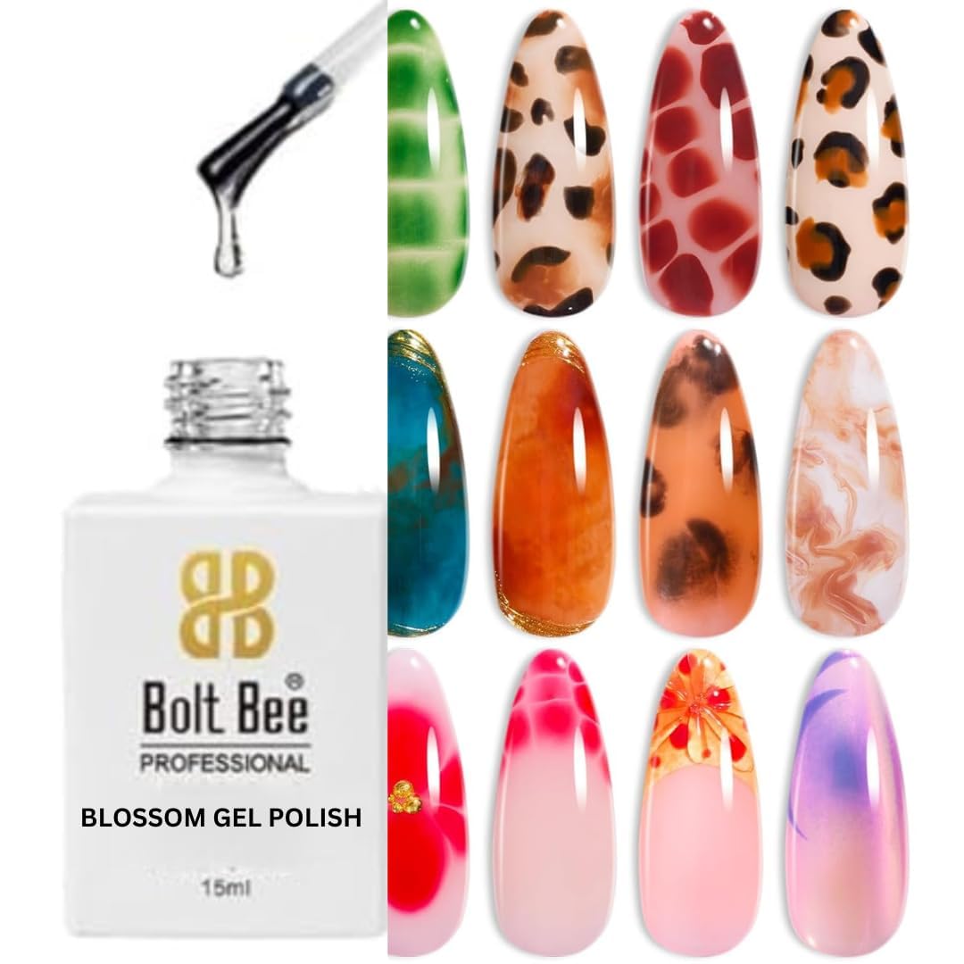 Bolt Bee Blooming Gel 15ml Clear Uv Led Blossom Gel Polish for Spreading Effect Marble Natural Stone Watercolor Floral Print Soak off Diy Nail Art Design Manicure Gift for Women