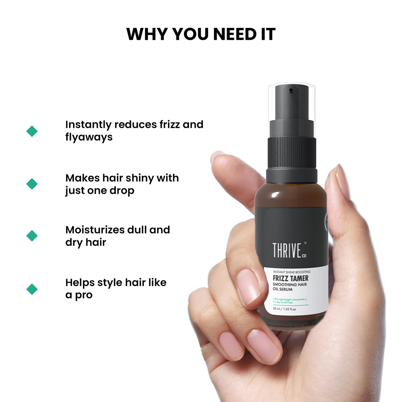 ThriveCo Frizz Tamer Smoothing Hair Oil Serum | For Smooth & Frizz-Free Hair | Gives Shine Up To 12 Hours | Hydrates Frizzy, Dry & Dull Hair | With Jojoba Oil, Mahua Oil | For Men & Women | 30ml