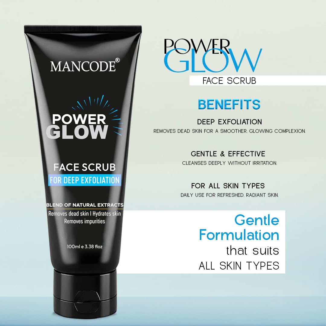 Mancode Power Glow Face Scrub for Men | Deep Exfoliation, Brightening & Hydrating | Removes Dead Skin & Impurities | Natural Ingredients with Saffron, Turmeric & Almond Oil | 100g