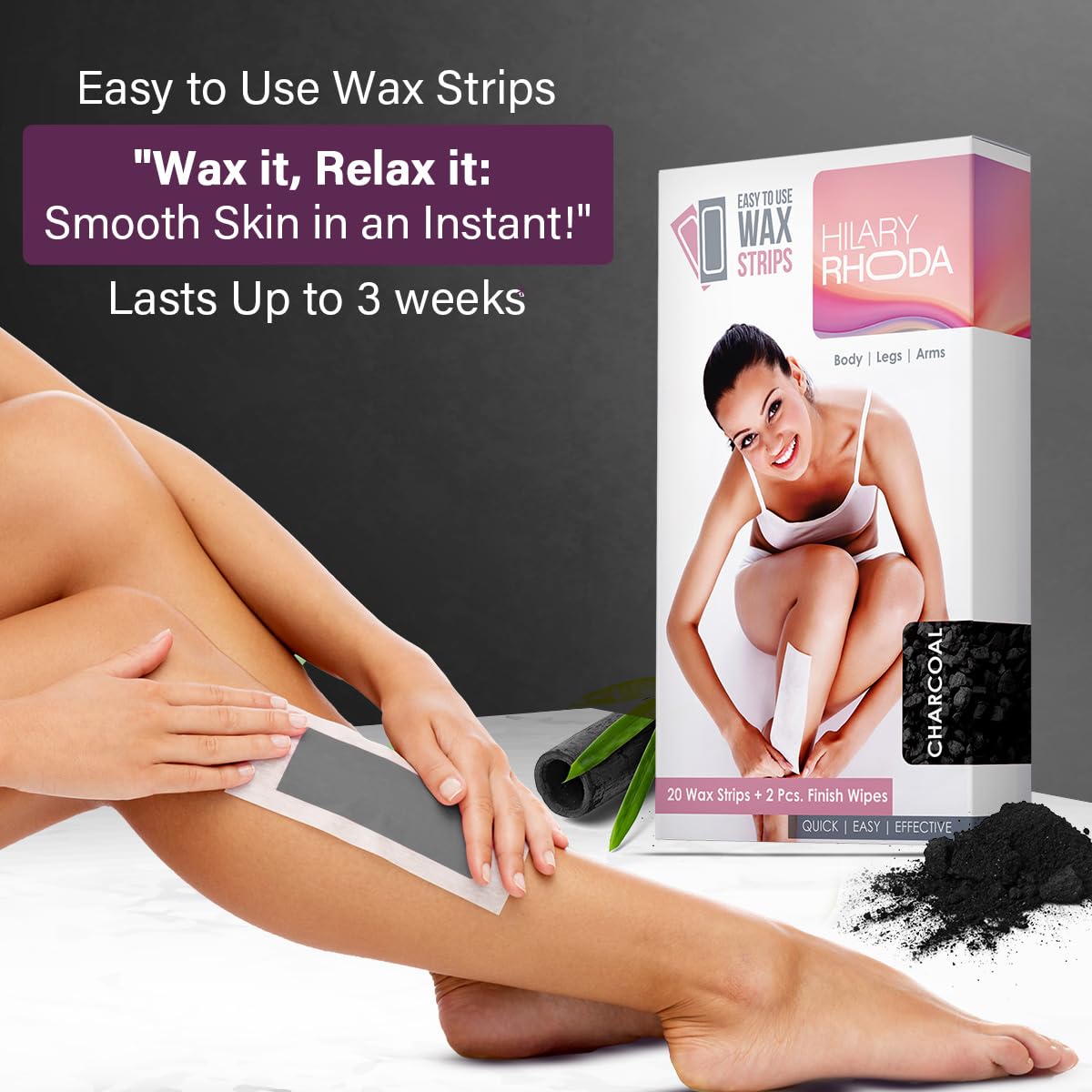 Hilary Rhoda Easy To Use Wax Strips | Gel Wax Hair Removal | Full Body Wax Strips for Arms,Legs & Body | Salon Like Results at Home Wax Strips | With 2 Finish Wipes | 20 Strips (Charcoal)