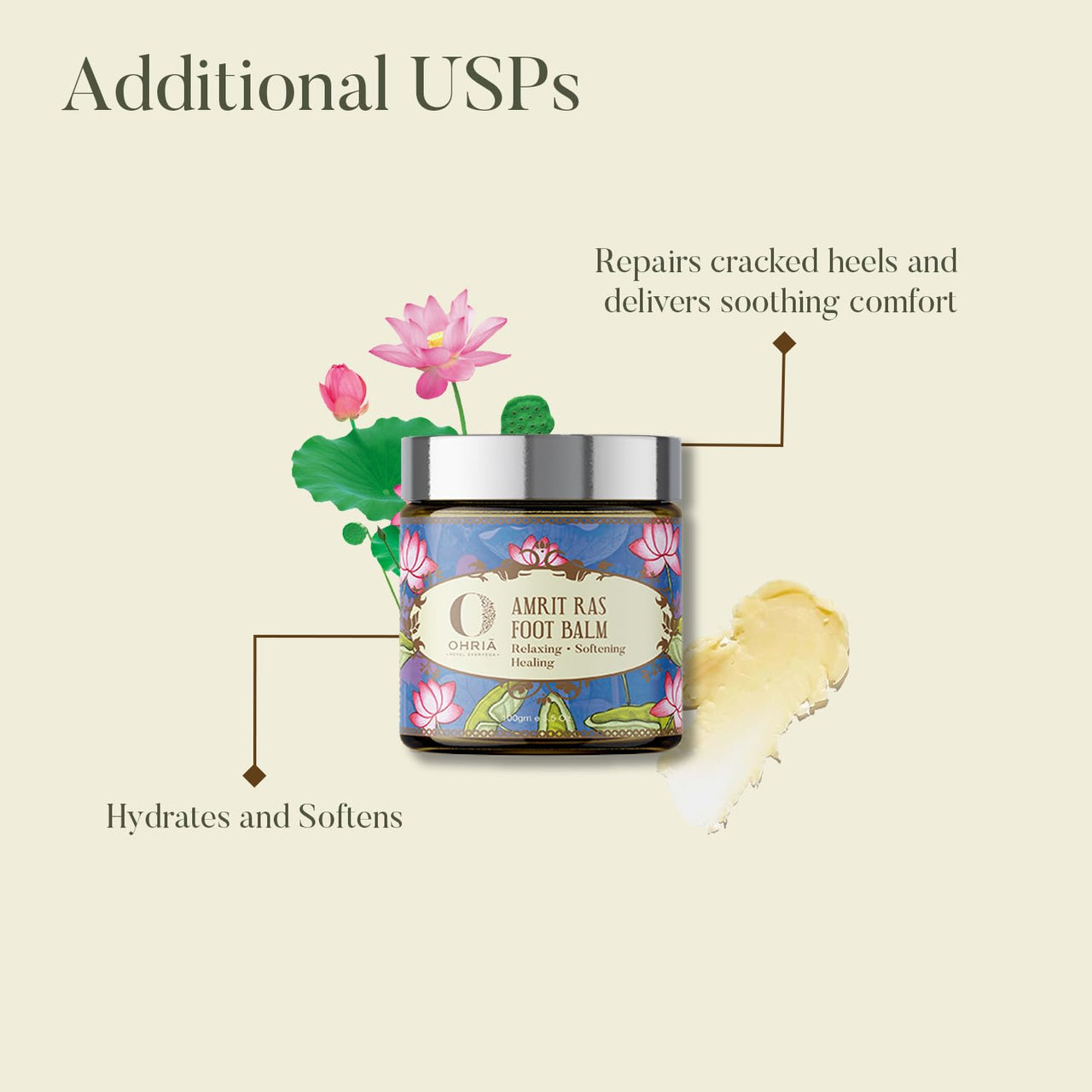 Ohria Ayurveda Amrit Ras Foot Balm Cream for Cracked Heals | Relaxing, Softening, & Healing Foot Care | Hydrates & Softens Cracked Heels | Infused with Sesame, Almond, Cow’s Ghee & Essential Oils for Relaxation | All Skin Types| For Men & Women- 100g