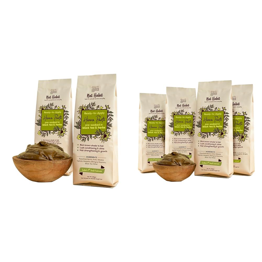 Nat Habit - Fresh Ready to Apply Henna Paste (Pack of 2 x 220g and Pack of 4 x 220g) - 100% Natural Rajasthani