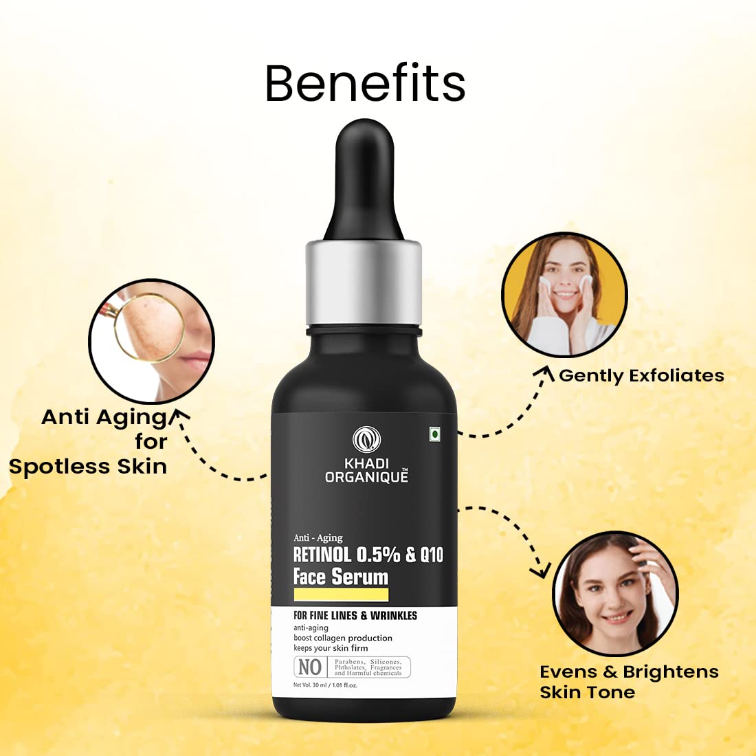 Khadi Organique Retinol 0.5% + Q10 Face Serum For Anti Aging | Reduce Fine Lines & Wrinkles | For Women & Men 30 ML