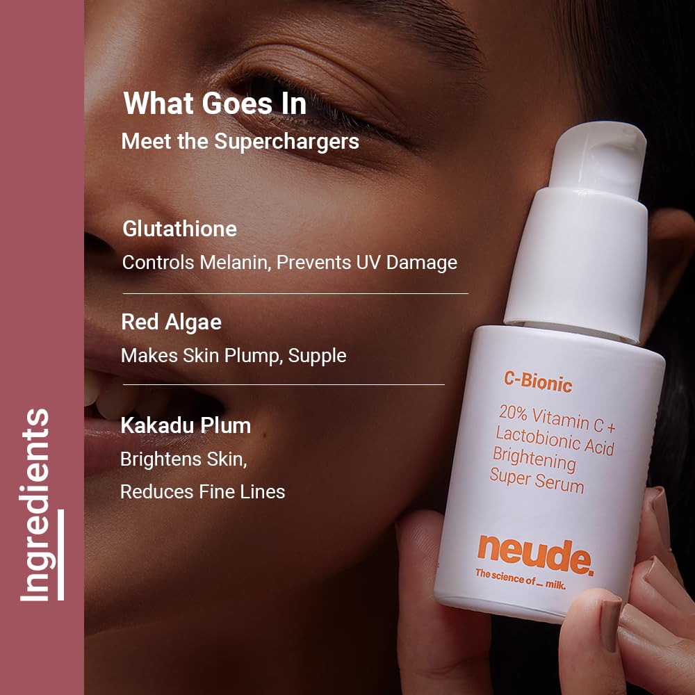 Neude C-Bionic 20% Vitamin C Serum 30ml with Lactobionic Acid for Face Brightening & 24hrs Hydration with Vitamin E Red Algae Gel Kakadu Plum Glutathione for All Skin Types & Sensitive Skin Friendly