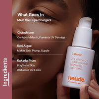 Neude C-Bionic 20% Vitamin C Serum 30ml with Lactobionic Acid for Face Brightening & 24hrs Hydration with Vitamin E Red Algae Gel Kakadu Plum Glutathione for All Skin Types & Sensitive Skin Friendly
