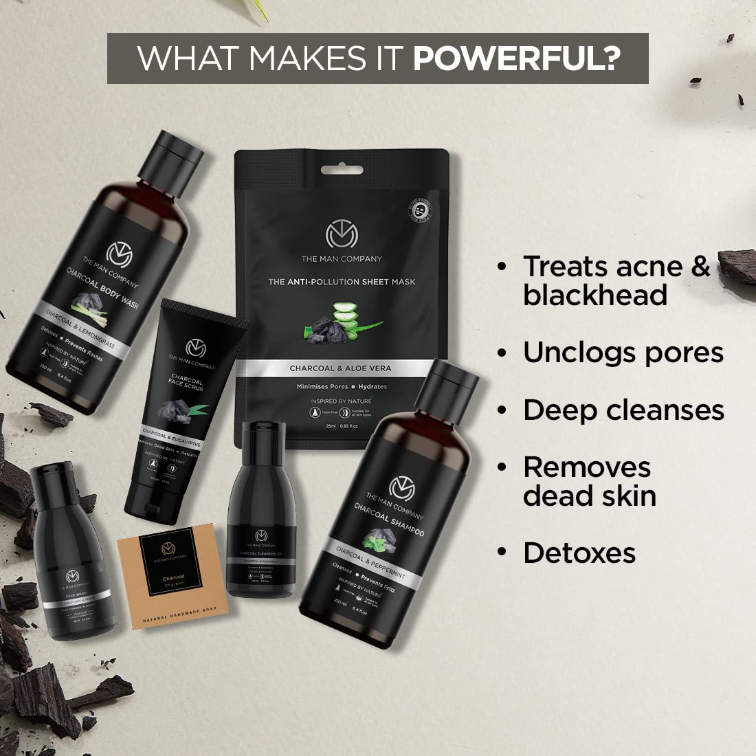 The Man Company Ultimate Charcoal Detan Kit With Elegant Gift Box | Charcoal Body Wash, Shampoo, Face Scrub, Face Wash, Soap, Sheet Mask*2, Cleansing Gel, | Gift Set For Him