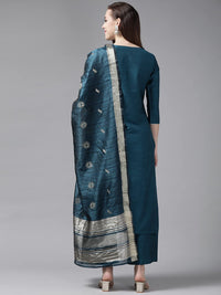 INDO ERA Women's  Silk Blend Embroidered Straight Kurta Palazzo with Dupatta Set (Teal_KH9TL9240_XS to 2XL-Size)
