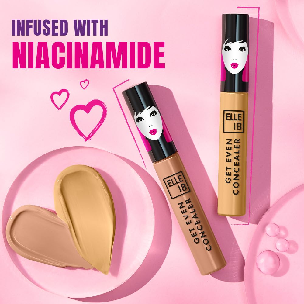 Elle18 Get Even Concealer, Marble, Buildable Coverage Concealer, Covers Dark Spots, Under-eye & Fine Lines, Crease Resistant, Infused with Niacinamide| 5.4ml