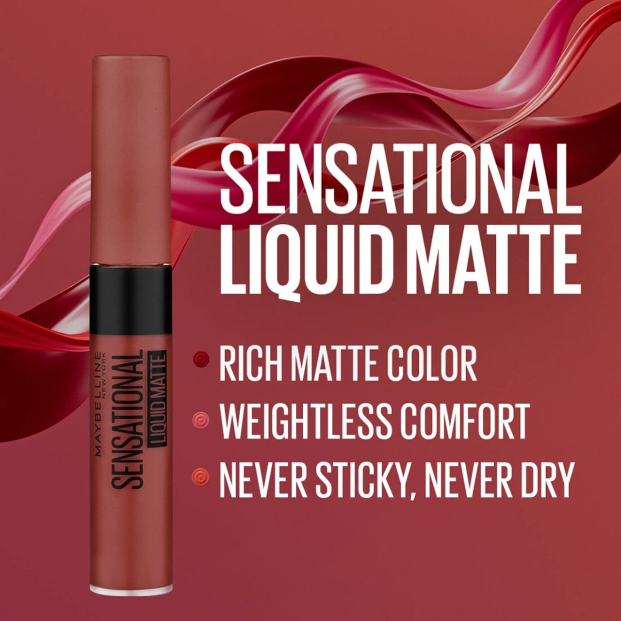 Maybelline New York Lipstick, Matte Finish, Non-Sticky and Non-Drying, Sensational Liquid Matte, 13 Upbeat Crimson, 7ml