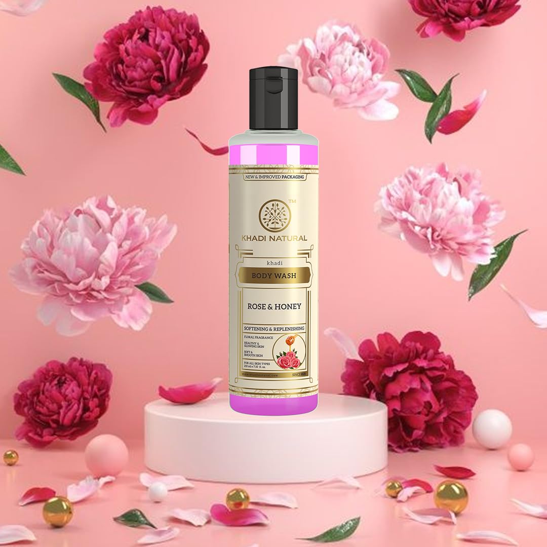 Khadi Natural Rose & Honey Body Wash | Body Wash for Deep Cleansing | Body Wash with Soothing Fragrance | Suitable for All Hair Types 210ml