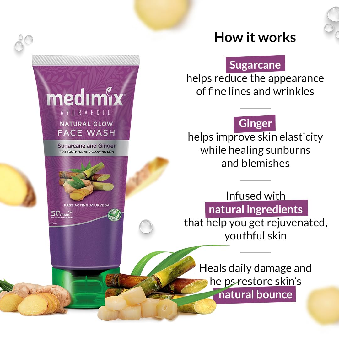 Medimix Ayurvedic Natural Glow Face Wash for youthful and glowing skin | With Sugarcane and Ginger | 100 ml (Pack of 2)