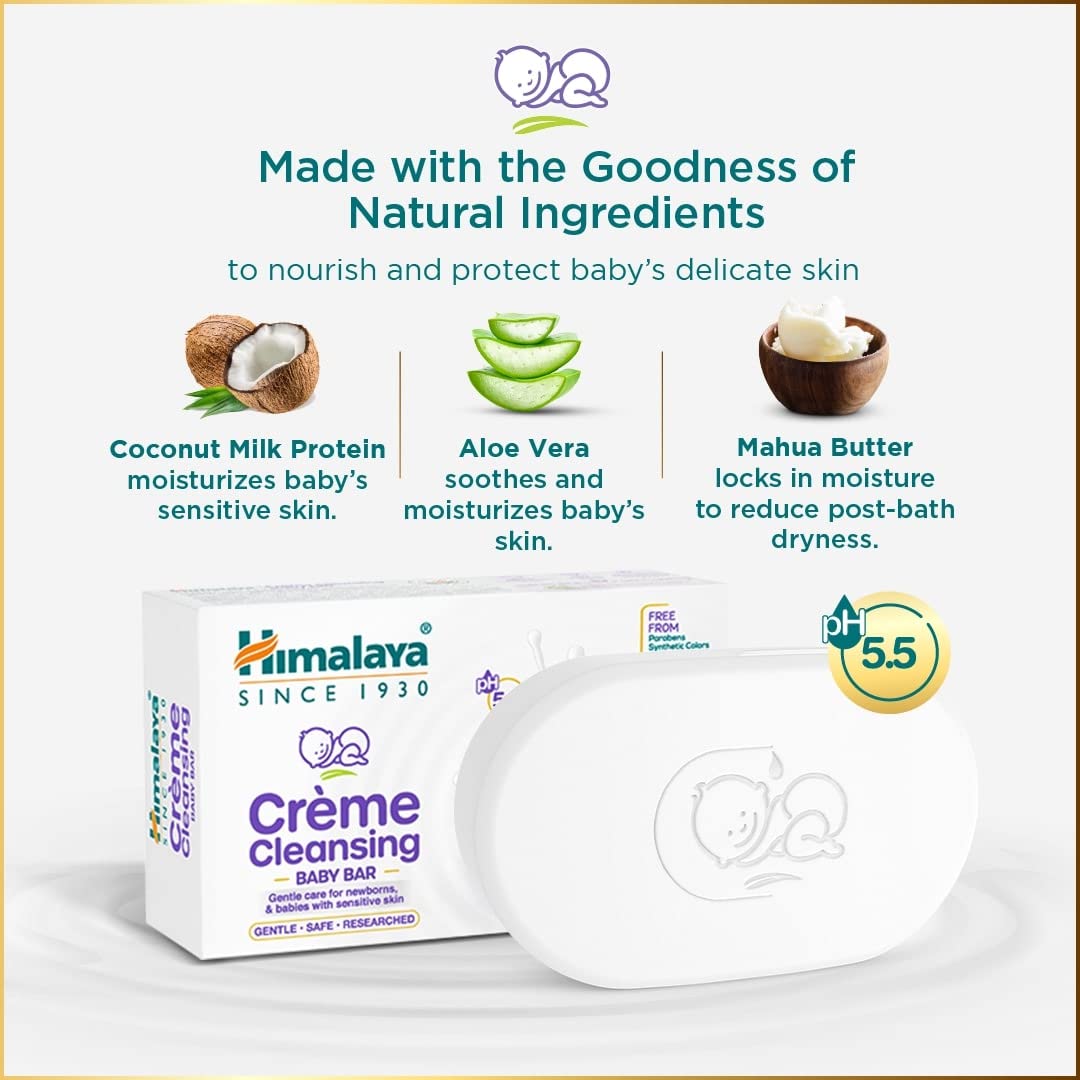 Himalaya Creme Cleansing Baby Bar 125G| pH 5.5|with Coconut milk Protein and Aloe vera|Soap Free|Dermatologically tested |For New borns|For Baby's  sensitive skin| No Parabens|No Synthetic Colors