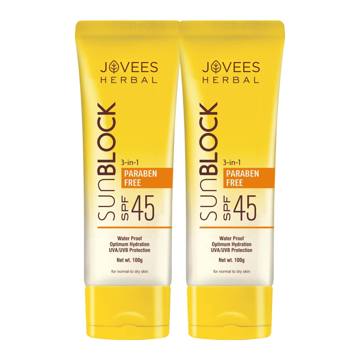 Jovees Herbal Sun Block SPF 45 For Even Toned & Glowing Skin | Suitable For Dry Skin | Sunscreen for UVA/UVB & Blue Light Protection | Lightweight & Non Grassy for Men & Women 100g (Pack of 2)