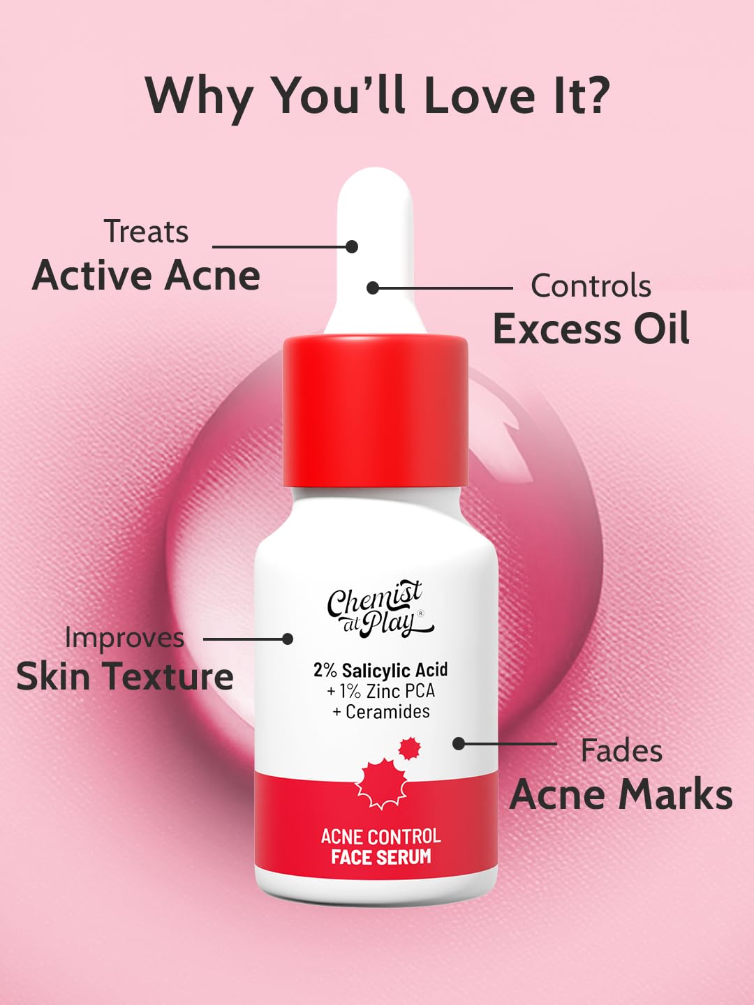 Chemist At Play 2% Salicylic Acid Face Serum | Treats Active Acne | Controls Excess Oil | Removes Blackheads, Pimple & Dark Spots | Fades Acne Marks | Improves Skin Texture | 10ml