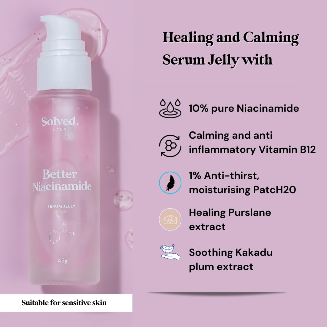 Solved Labs 10% Niacinamide Pink Serum Jelly | Hydrating with Vitamin B12| Reduces Dark Spots | Anti-Inflammatory, Sensitive & Acne-Prone Skin | Reduces pigmentation | Men & Women | 45 ml