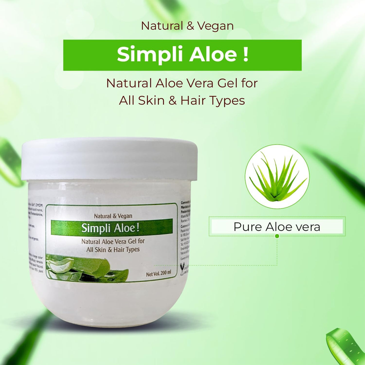 Passion Indulge Pure Aloe Vera Gel for Face, Hair & Skin | Simpli Gel for Soothing & Hydrating Gel for Acne, Sunburn & Dry Skin | Natural Moisturizer for All Skin Types - 200 ml