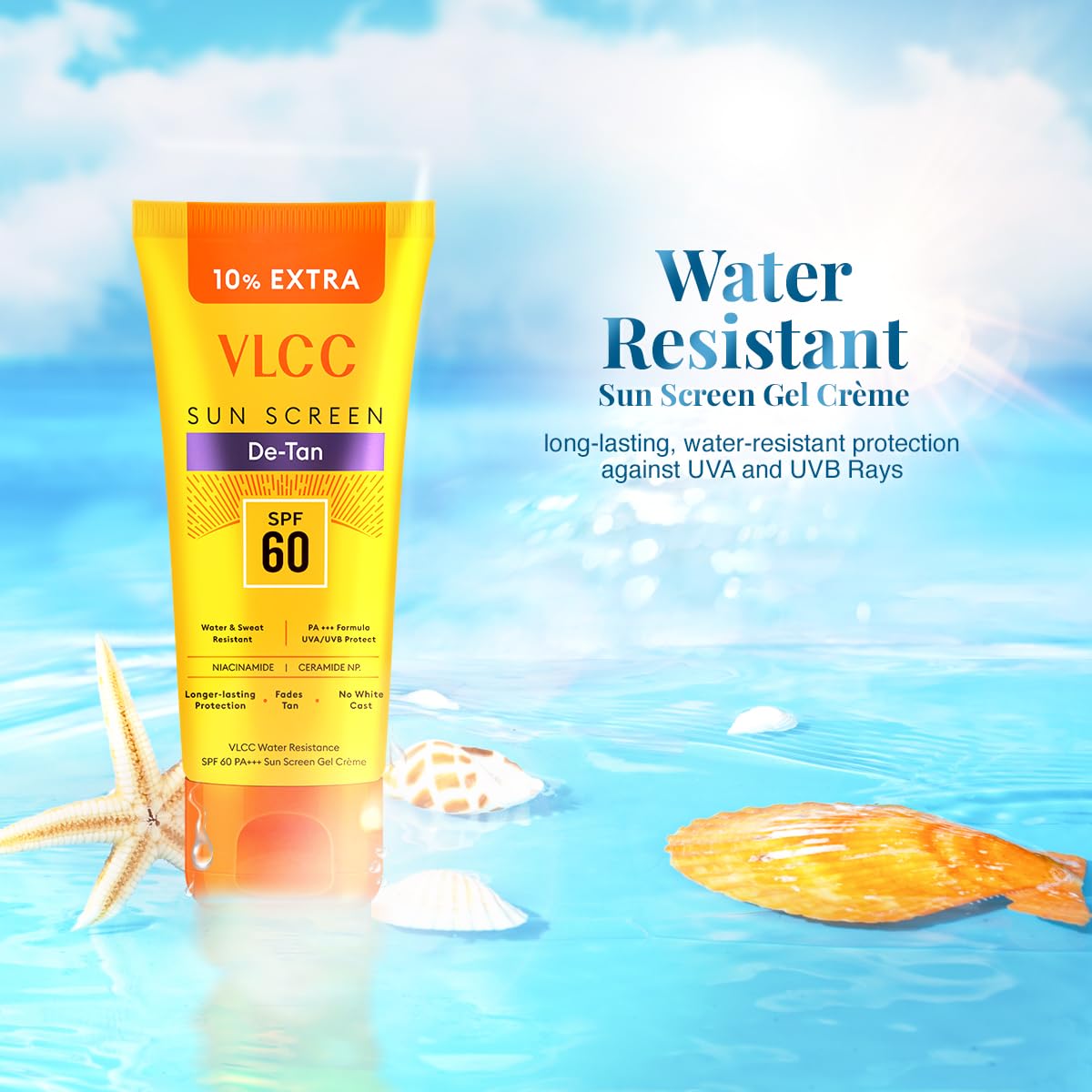 VLCC De-Tan Water Resistant SPF 60 PA+++ Sunscreen Gel Crème - 100g+10g Extra (Pack of 2) | With Niacinamide, Ceramides & Vitamin E | Protects from UVA, UVB Rays, Sun Damage, Skin Darkening & Premature Aging