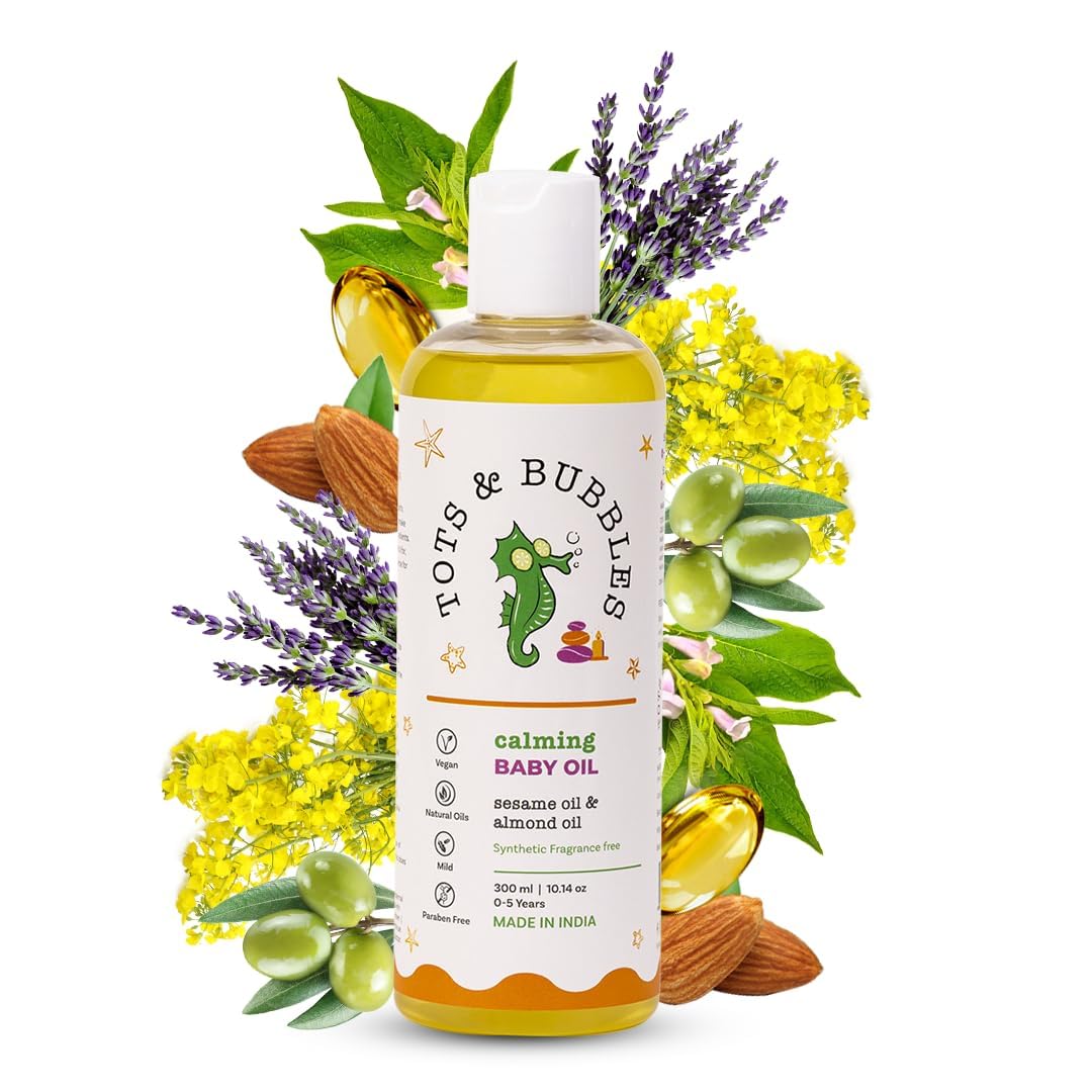 Tots & Bubbles Calming Baby Massage Oil with Sweet Almond & Olive Oil - 300 ml | Enriched with of Shea butter, Lavender & Mustard | Gentle on the skin, Free from Harmful Chemicals, No Artificial Scent