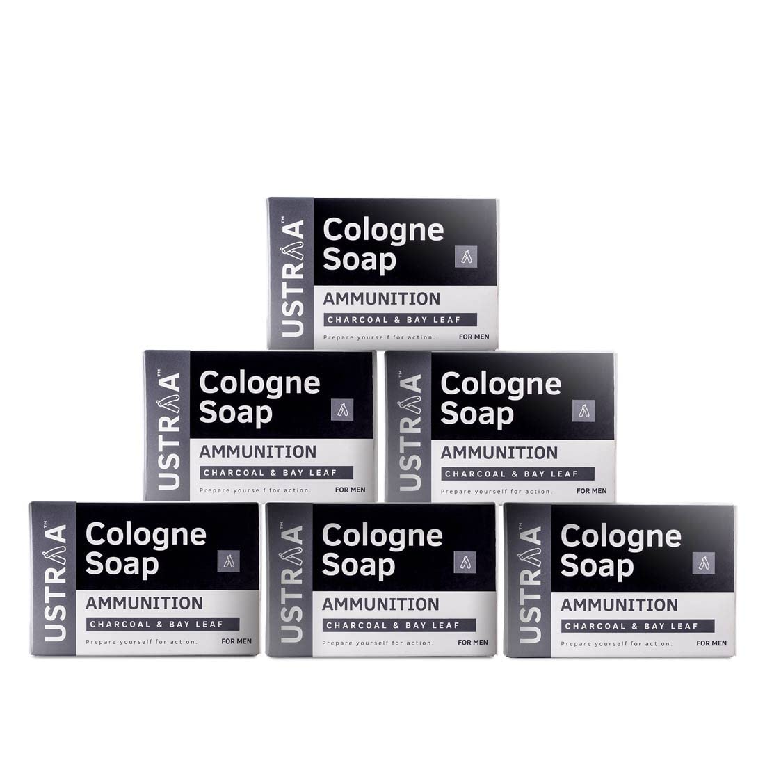 Ustraa Ammunition Cologne Soap with Charcoal & Bay Leaf, 6 x 125 gm (Pack of 6) | Clear, dirt-free skin with Activated Charcoal | Soap with Fragrance of Cologne