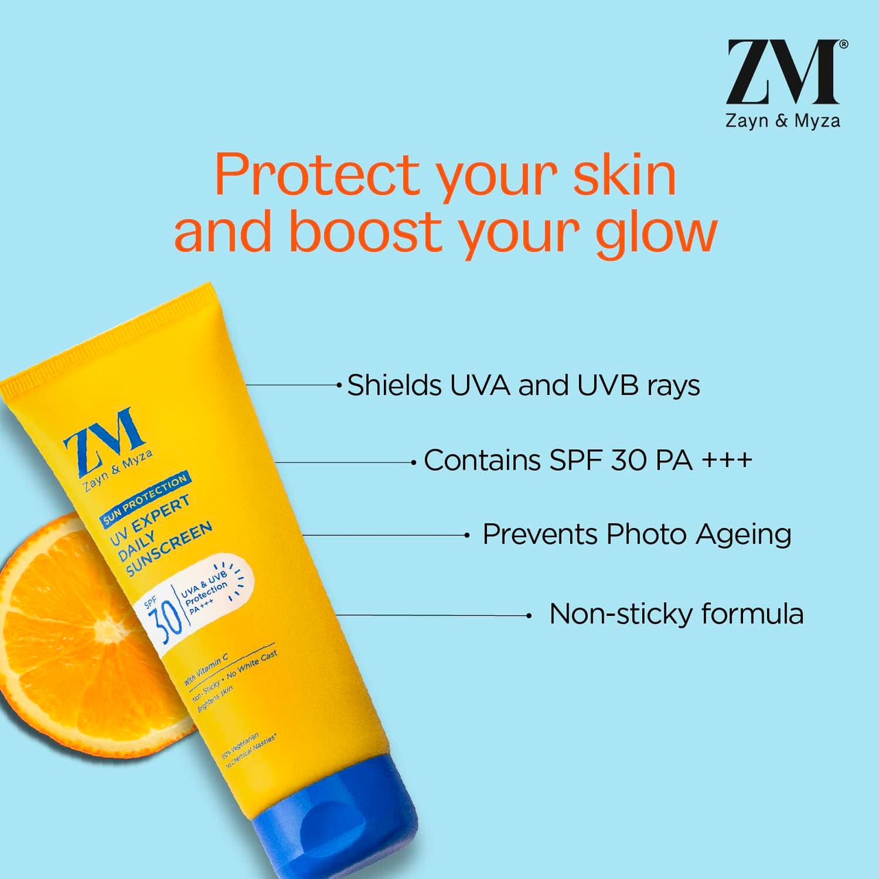 ZM Vitamin C UV Expert Daily Sunscreen SPF 30 PA +++ For Bright & Glowing Skin | UV Protection | For Dull Skin | Non-Greasy, Quick-Absorbing | UVA UVB Sun Protection | For Women & Men - 50 gm