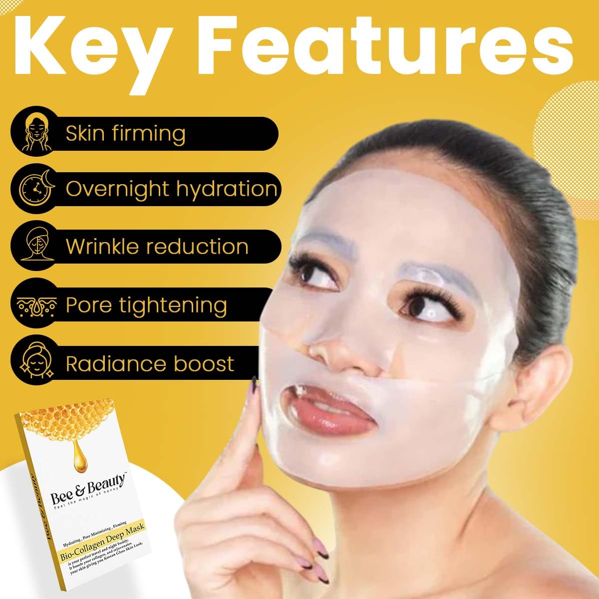 Bee & Beauty Bio Collagen Overnight Mask Pack of 3 | Korean Face Mask For Glass Skin | Sheet Mask For Deep Hydration, Pore minizmizing With Goodness Of Honey