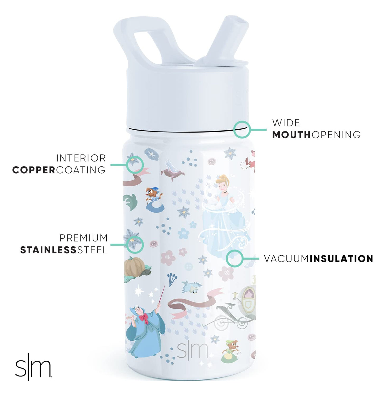 Simple Modern Disney Princess Cinderella Kids Water Bottle with Straw Lid | Reusable Insulated Stainless Steel Cup for Grils, School | Summit Collection | 14oz, Cinderella Floral Wishes