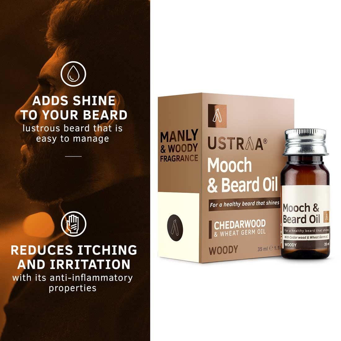 Ustraa Woody Mooch and Beard Oil - 35ml - Shine, Nourishment & Pleasant Fragrance for beard | No Paraben | Cedar Wood Essential Oil & Wheat Germ Oil rich in Vitamin E
