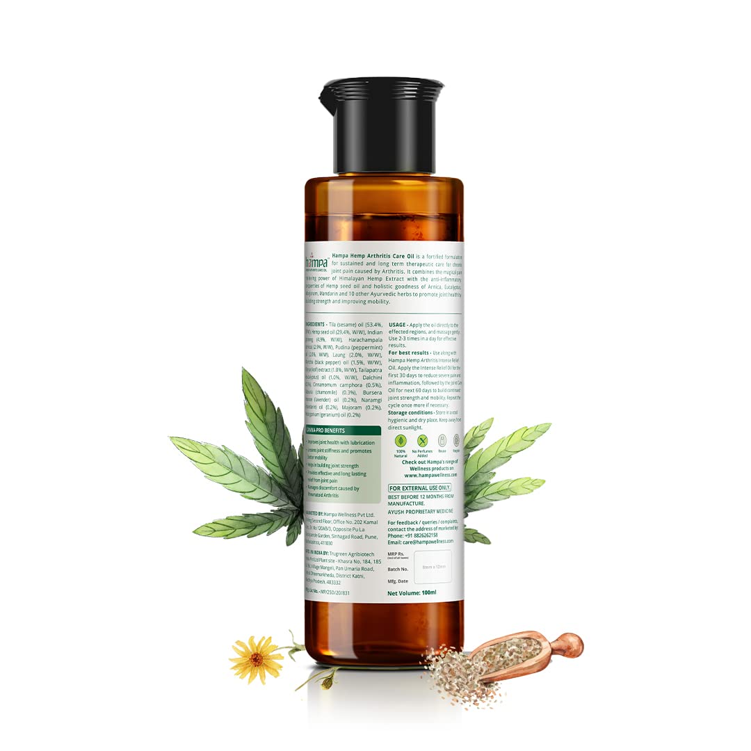 Hampa Hemp Arthritis Care Oil 100ml, Effective Relief for Knee, Joint Pain caused by Rheumatoid Arthritis, with Full spectrum Vijaya Leaf Extract and 13 Ayurvedic Herbs- 100% Natural and Ayurvedic