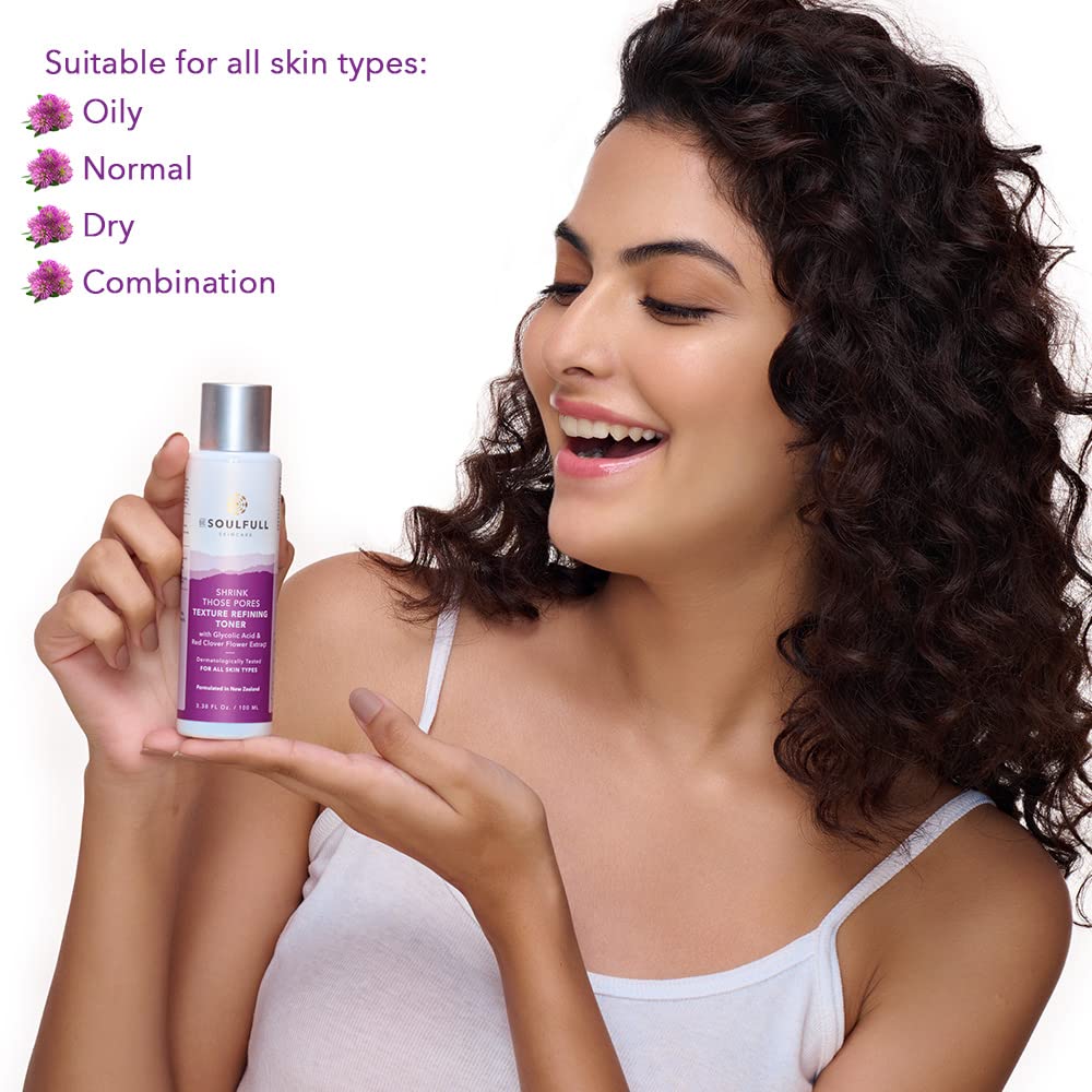 BE SOULFULL Pore Minimizing Toner With Glycolic Acid & Red Clover Flower- Facial Exfoliating, Skin Balancing Pore Reducing Toner- Suitable For Oily, Acne Prone, Sensitive & Normal Skin- 100ml