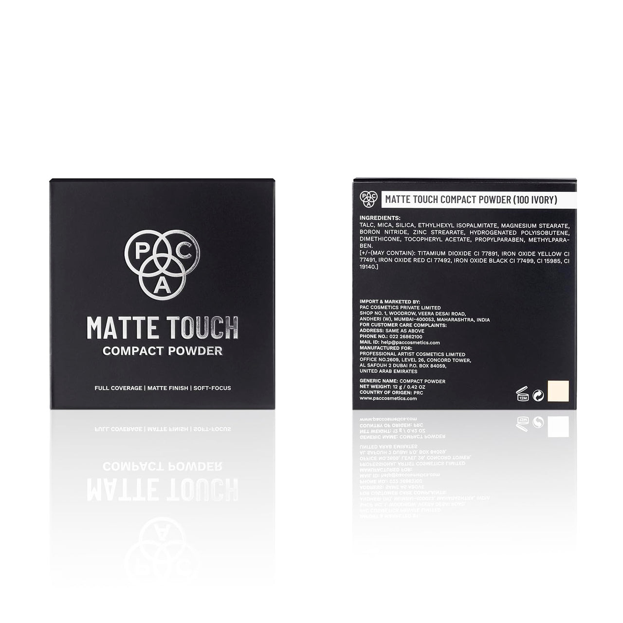 PAC Matte Touch Compact Powder (100 Ivory) | Lightweight Medium to High Buildable Coverage | Longlasting Soft Matte Finish | Meltproof & Sweat Resistant | Suitable for all Skin Types