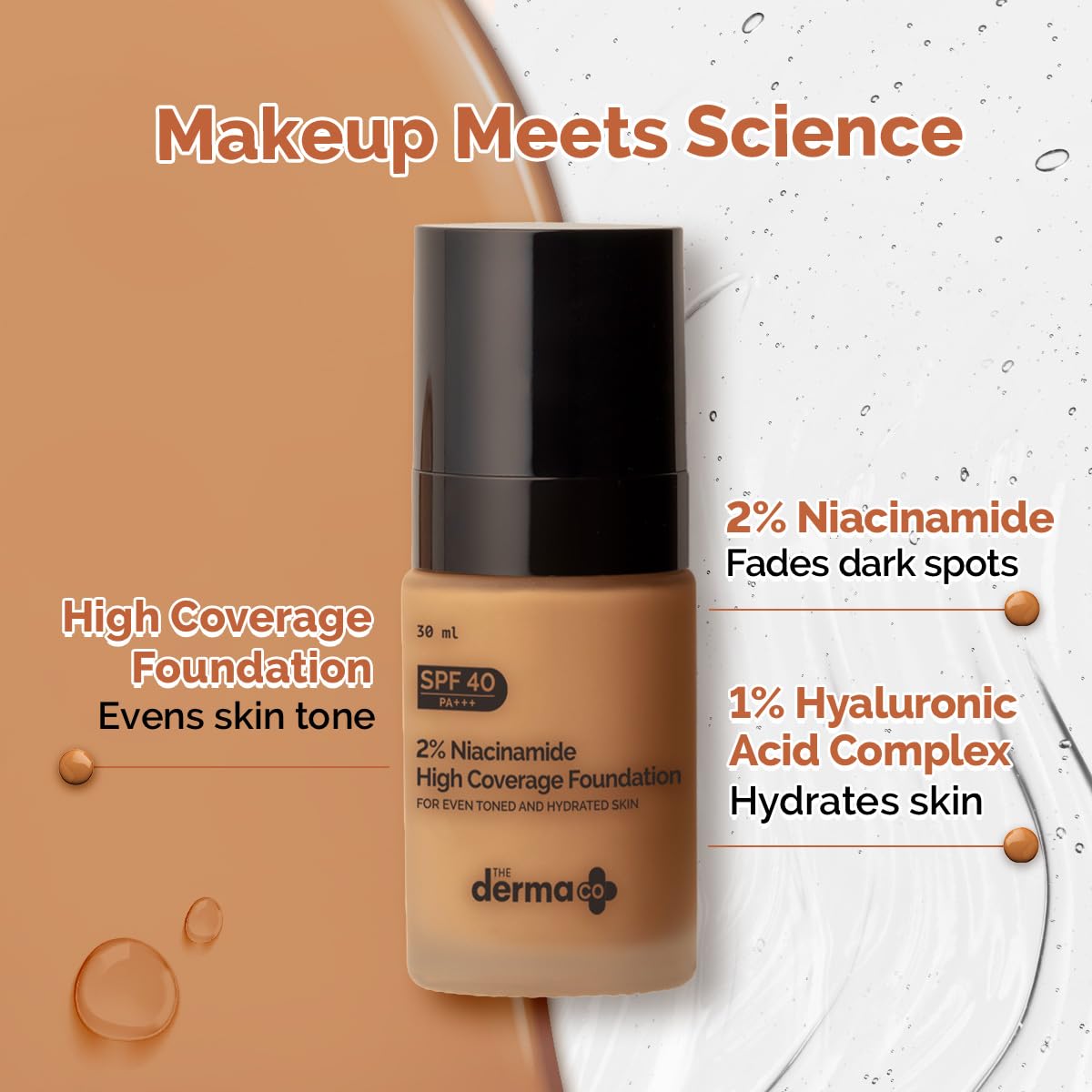 The Derma Co Matte 2% Niacinamide Medium Coverage Liquid Foundation For All Skin Types With 1% Hyaluronic Acid & Spf 40 Pa+++ For 12 Hour Long Stay & Oil Control - 04 Caramel, Pack Of 1