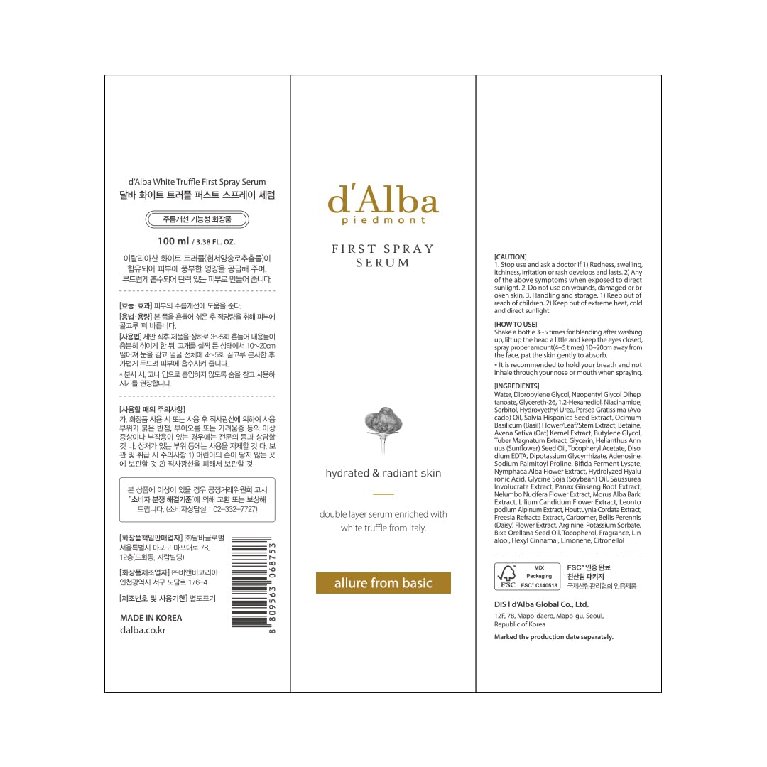 d'alba Piedmont Italian White Truffle First Spray Serum, Vegan Skin Care, Hydrating Face Moisturizer, Glow Serum for Radiant Skin, Non Comedogenic, All In One Mist, Korean Skin Care (3.38 fl oz/100ml)
