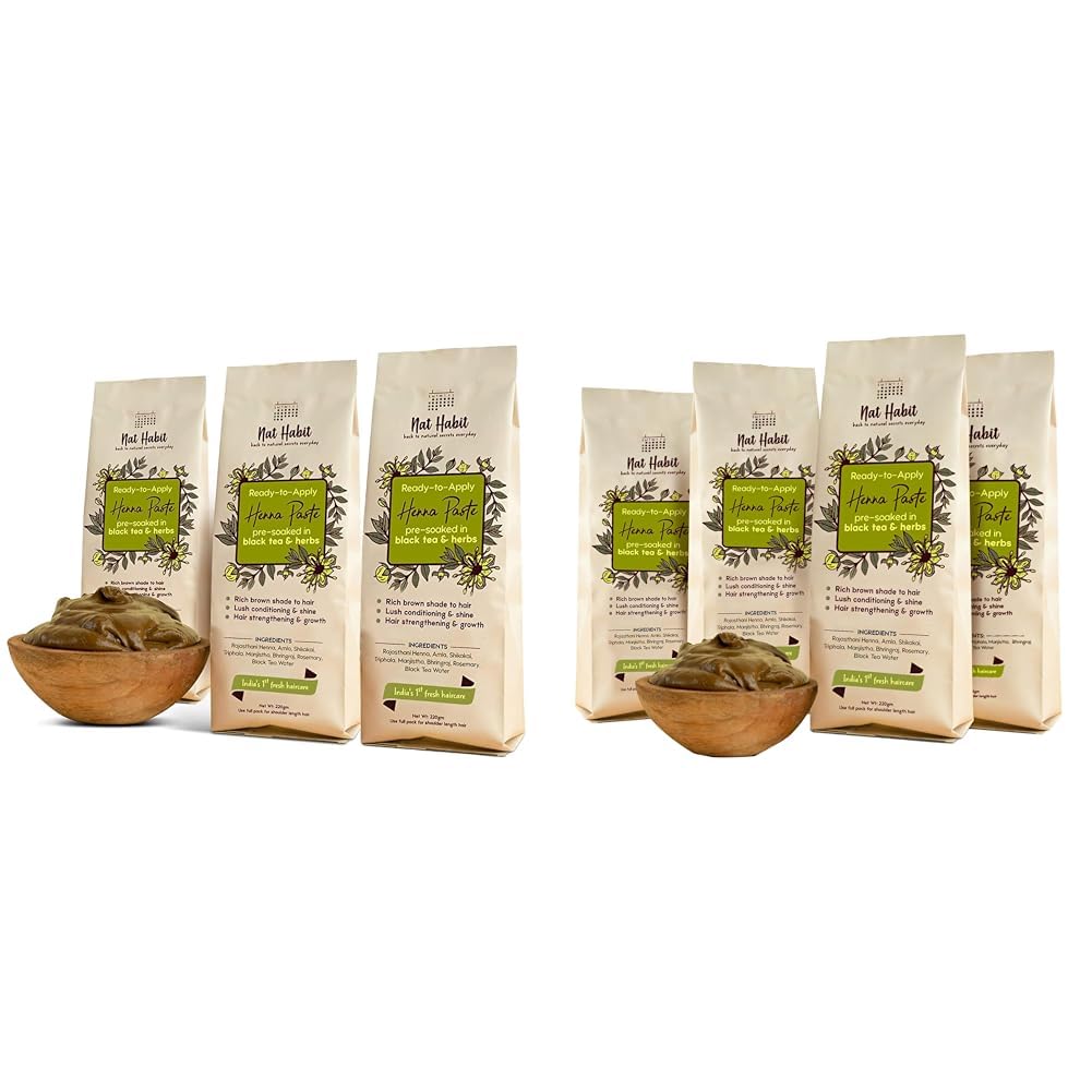 Nat Habit - Fresh Ready to Apply Henna Paste (Pack of 3 x 220g) and 100% Natural Rajasthani Henna Paste (Pack of 4 x 220g)